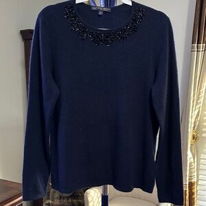 Brooks Brothers Navy Cashmere Sweater with Beaded Neckline